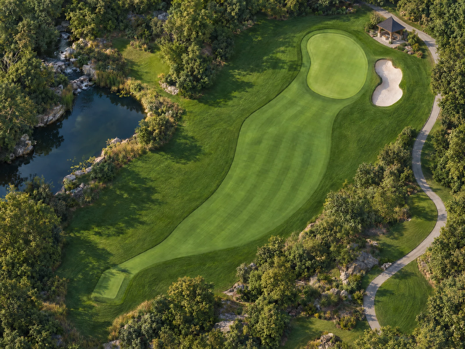 Unbranded aerial illustration of a par-3 hole with a tee, fairway, putting green, cart path and halfway house